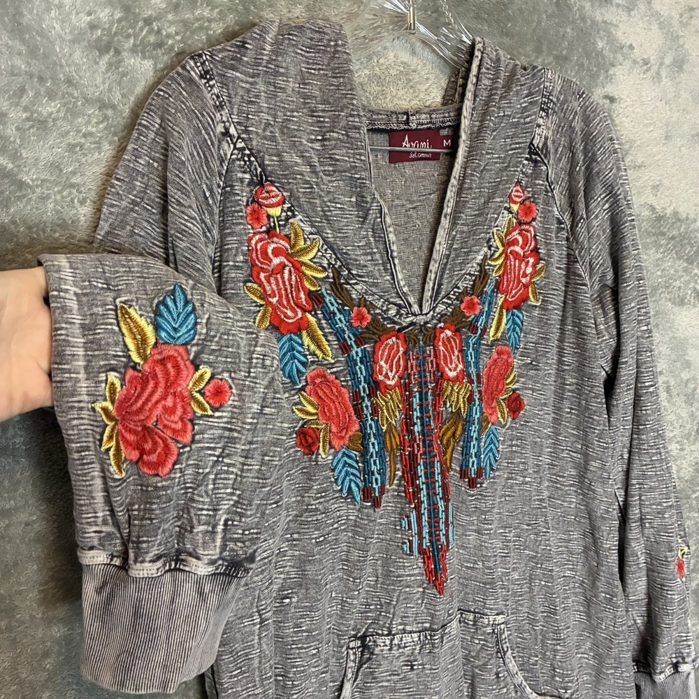 Avani Womens Embroidered V Neck Hoodie Shirt M Gothic Boho Slub Knit Intricate